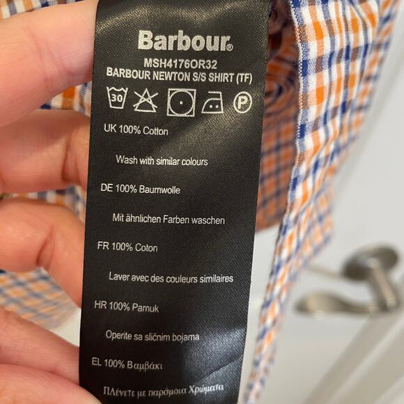 Barbour Short Sleeve Button Down Shirt Orange Blue Check Preppy Cotton M - Picture 5 of 6